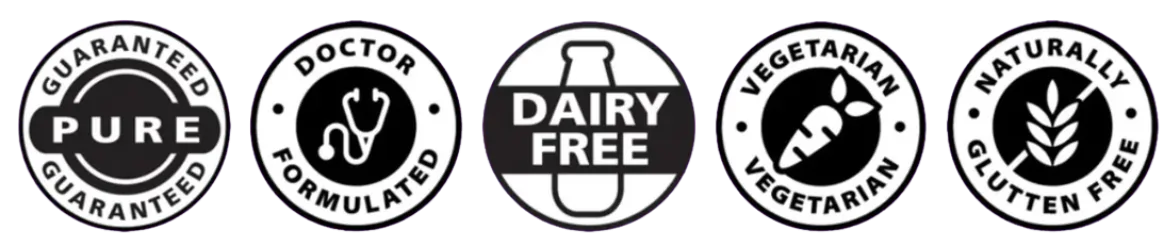 Non-GMO, vegan, and gluten-free product badges